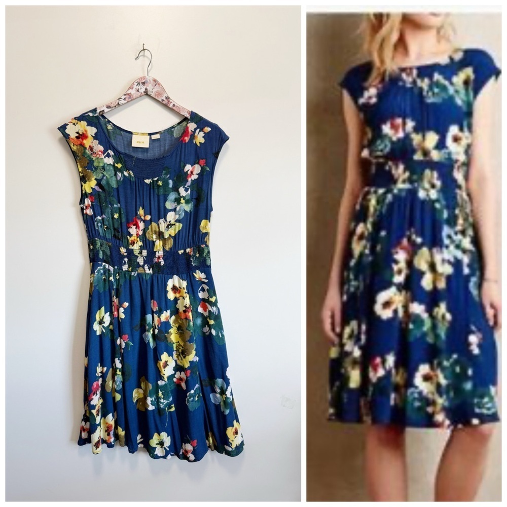 Anthropologie MAEVE Evaline Blue Floral Short Cap Sleeve Dress Smocked S Small